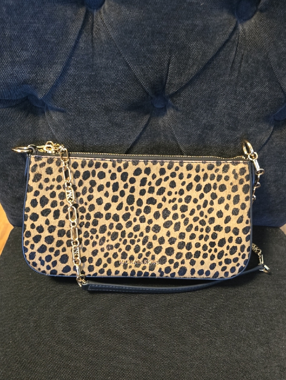 Michael Kors Leopard Print Calf Hair Pochette Chain Shoulder Bag - Tan/Black
